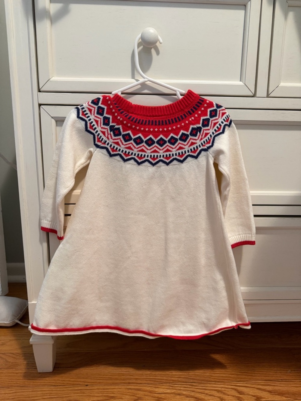 Hanna Andersson Cream Knit Dress with Red and Navy Fair Isle Yoke